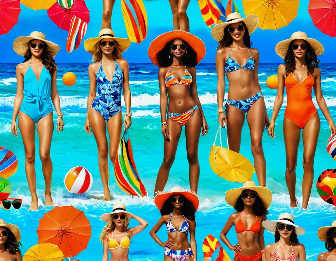 A vibrant beach scene featuring colorful swimwear and stylish beach attire on diverse models showcasing must-have trends. Include elements like sun hats, sunglasses, and beach accessories, with a backdrop of sunny skies and waves crashing on the shore. Capture the joy of summer fashion and the essence of beach life. super-realistic. vibrant colors. bright background.
